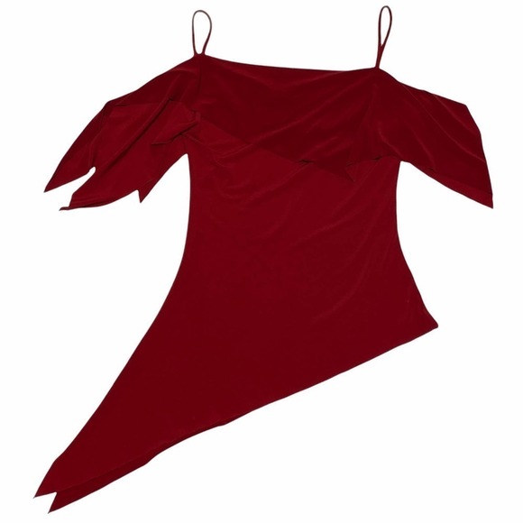 WEATHER Vane Solid Red Asymmetrical Cold Shoulder 3/4 Sleeve Tunic Blouse - Picture 5 of 12
